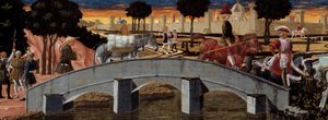Passageiros que atravessam uma ponte. Pormenores. Pintura anónima da Escola Florentine. 1450-1460. Toulouse, Musee des Augustins de School Florentine