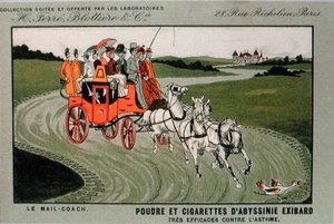 Anúncio para a marca de cigarros, Exibard, retratando um carteiro e afirmando que o tabaco e os cigarros são eficazes contra a asma (cor litho) de School French