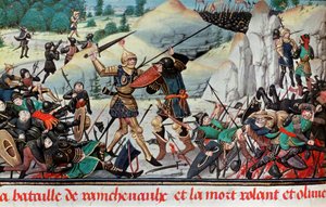 Morte do cavaleiro Roland, sobrinho de Carlos Magno, na Batalha de Roncevaux (778) entre o exército de Carlos Magno e os sarracenos. Miniatura. Paris B.N.