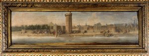Entrée d&39;Henri IV à Paris: Charles de Cosse Brissac (Cosse-Brissac) abriu as portas da conferência a Henri IV (1553 - 1610) - paisagem mediana de um dos grandes painéis da sala (paisagem com 4 codornizes e 2 cegonhas) - Salon de la Meilleraye. Arsen de School French