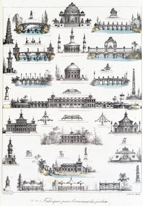Fachada de diferentes edifícios dedicados ao fabrico de ornamentos de jardim. de School French