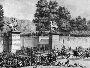 O primeiro da Revolução Francesa: Monsieur Charles Eugene de Lorraine, Príncipe de Lambesc (1754-1825) a entrar nas Tuileries com um destacamento da Alemanha Real a 12 de Julho de 1789 para reprimir os primeiros revolucionários. Paris, Biblioteca do Instit de School French