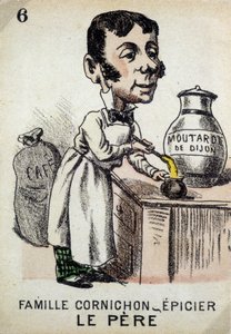 Jogo das Sete Famílias: O Pai da Família Cornichon-merceeiro preparando mostarda Dijon. Musée de la Carte à Jouier, Issy-les-Moulineaux. de School French