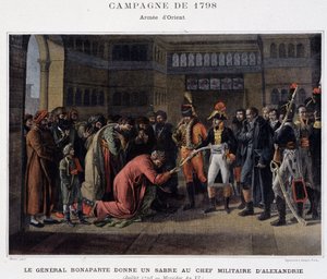 O General Bonaparte dá uma espada ao líder militar de Alexandria - em "Victoires et Conquêtes des Armees Francaises", Paris, n.d. de School French