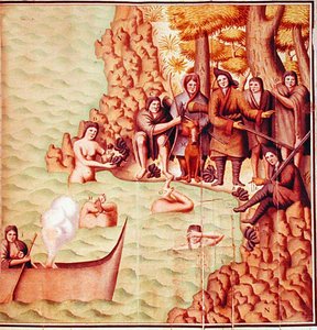 Índios do Estreito de Magalhães com exploradores franceses, ilustração da 