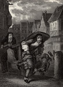 "Monsieur de Pourceaugnac" Gravação de "obras" do autor inglês Moliere - Cena da peça "Monsieur de Pourceaugnac" de Jean-Baptiste Poquelin dit Moliere (Jean Baptiste Poquelin de School French