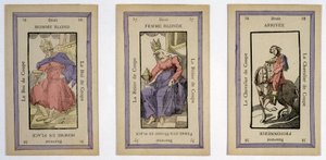Cartas antigas para jogar com o rei (homem loiro), a rainha (mulher loira) e a taça de cavaleiro (final). Musée de la Carte à Jouier, Issy-les-Moulineaux. de School French
