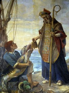 São Pol de Leão recebe por um peixe, na ilha de Batz, o sino que o rei Marcos lhe recusou em Ouessant, v. 530 - pintura da igreja de Morlaix de School French