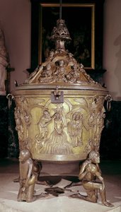Fonte batismal mostrando um painel em relevo do Batismo de Cristo, apoiado por quatro figuras ajoelhadas representando os rios do paraíso, alemão, c.1225-30 (bronze)