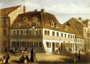 Local de nascimento do compositor Robert Schumann em Zwickau, Saxônia (gravura colorida)