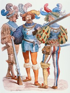 Soldados alemães do século XVI, armados com mosquetes de fósforo (gravura a cores)