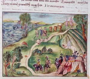 MS Add.15217 fol.40 Uma paisagem venezuelana com um acampamento espanhol, de uma coleção de memórias da Família Coeler, Nuremberg de School German
