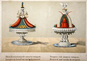 Design para a apresentação da língua de boi numa cama de estearina e para lagosta, ilustração de um livro de cozinha húngara sobre cozinha francesa, c.1880 (cor litho) de School Hungarian