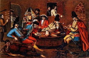 Soldados rebeldes do Príncipe Ferenc Rakoczi II relaxando com companheiros (cor litho) (depois de uma pintura húngara do século XVII)