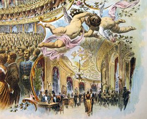 Promenade of the Somossy Orfeum em Budapeste, final do século XIX (cor litho)