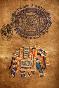 Elefante, pintura feita à mão e papel de carimbo antigo, Jaipur, Rajastão, Índia de School Indian