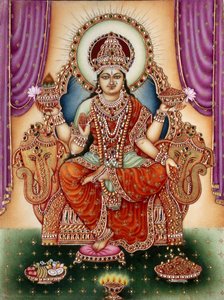 Pintura em miniatura da Deusa Lakshmi sobre marfim de School Indian