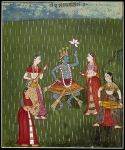 Deusa Krishna dançando na chuva com músicos (Miniatura)