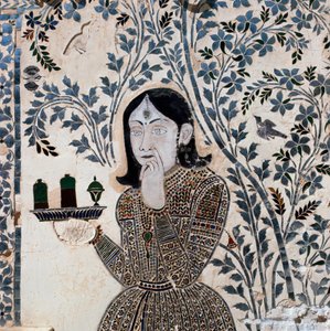 Inlay decorado com uma figura de servo, palácio de Sawai Jai Singh II (1699-1744) de School Indian