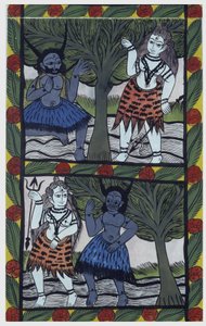 Kama, deus do desejo, envia uma flecha do amor a Shiva em meditação, para se unir a Parvati. Pat: rolo pintado da região de Bengala, servindo como meio narrativo para os cantores Baoul (Baul). Coleção particular Leonard de Selva.