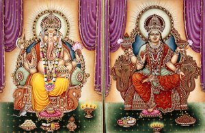 Senhor Ganesh Deusa Ganpati e Lakshmi Pintura em miniatura sobre marfim de School Indian