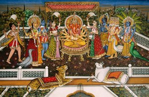 Senhor Ganesh Ganpati com Brahma, Vishnu, Shiva, Durga, Pintura em miniatura sobre papel de School Indian