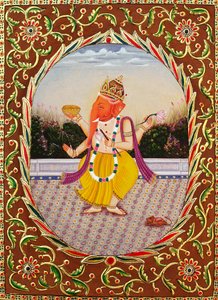 Lord Ganesha Ganpati Pintura em miniatura sobre papel com bordado de School Indian