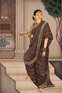 Senhora Marathi que vai ao templo Pintura em miniatura sobre papel de School Indian