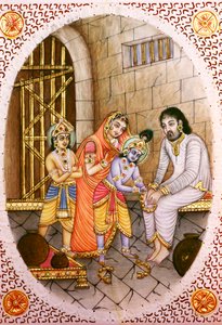 Pintura em marfim em miniatura de Krishna Balram e Devaki Vasudeva de School Indian