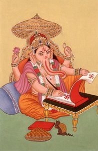 Pintura em miniatura de um Deus Ganesh Ganpati com cabeça de elefante, Índia de School Indian