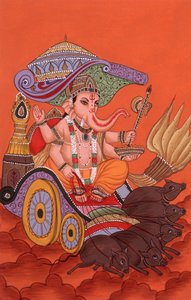 Pintura em miniatura de um Deus Ganesh Ganpati com cabeça de elefante, Índia de School Indian