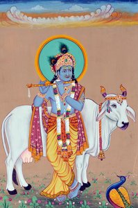 Pintura em miniatura de Deus Krishna de School Indian