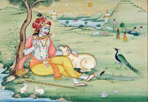 Pintura em miniatura de Krishna a tocar flauta de School Indian