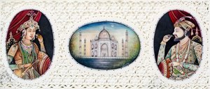 Pintura em miniatura do Imperador Mughul Shah Jahan com a esposa Mumtaj Mahal de School Indian