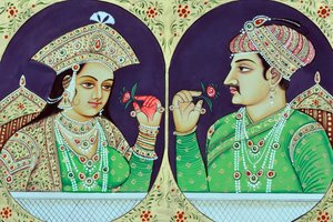 Pintura em miniatura da Rainha Noorjahan com Jahangir Índia Ásia de School Indian