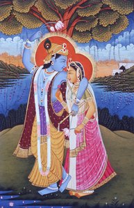 Pintura em miniatura de Radha Krishna, Índia de School Indian