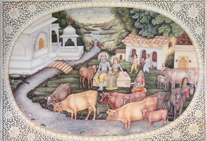 Miniatura de Krishna, uma leiteira sentada num campo com gado (aguarela sobre marfim) de School Indian
