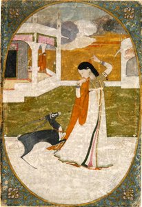 Nayika com Veado, Punjab Hills (aguarela opaca sobre papel) de School Indian