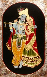 Pintura de Deus Krishna e da sua maior devota Radha, Índia de School Indian