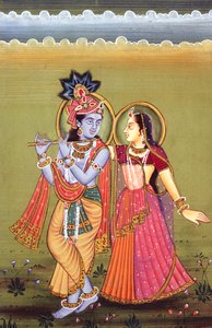 Pintura de Deus Krishna e da sua maior devota Radha, Índia de School Indian