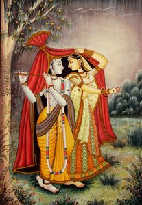 Pintura em miniatura de Radha Krishna em Monção sobre papel de School Indian