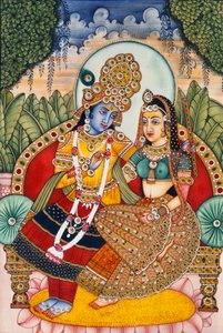 Pintura em miniatura de Radha Krishna sobre marfim de School Indian