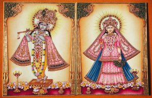 Pintura em miniatura de Radha Krishna sobre marfim de School Indian