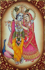 Pintura em miniatura de Radha Krishna sobre marfim de School Indian