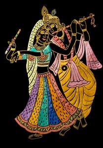 Radha Krishna Pintura em miniatura sobre veludo de School Indian