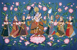 Radha Krishna com Sakhis Pintura em miniatura sobre papel de School Indian