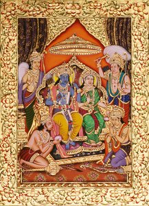 Ram Darbar em miniatura Pintura sobre papel com relevo dourado de School Indian