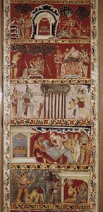 Cenas do Ramayana, poema épico composto no século VI por Valmiki e que conta a lenda de Rama. Biblioteca Bengala Ocidental. Victori & Albert. Londres de School Indian