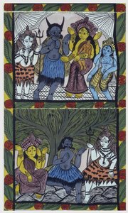 Shiva dá vida a Ganesha (Ganesh ou Ganapati), nos braços de sua mãe Parvati, depois de cortar sua cabeça em um braço de raiva. Pat: rolo pintado da região de Bengala, servindo como meio narrativo para os músicos Baoul (ou baul). Leonard de Selva specia