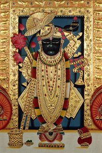 Shri Lord Shree Nathji ou Shreenathji em Nathdwara Pintura em miniatura sobre papel com relevo dourado